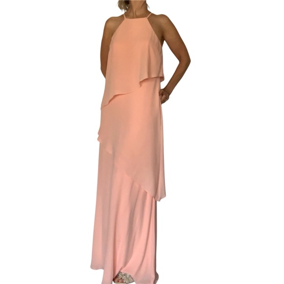 END OF SUMMER
 SALE! Sz 10 Peach Bellini 2-Tiered Chiffon Halter Gown - Picture 3 of 12
